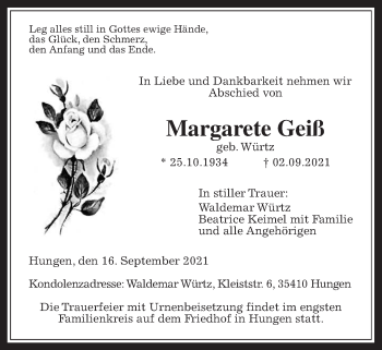 Traueranzeige von Margarete Geiß von Licher Wochenblatt