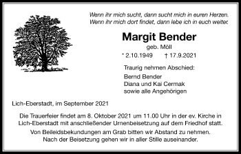Traueranzeige von Margit Bender von Licher Wochenblatt