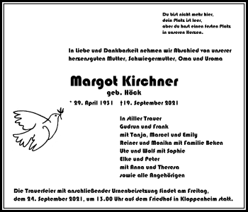 Traueranzeige von Margot Kirchner von Bad Vilbel/Karben
