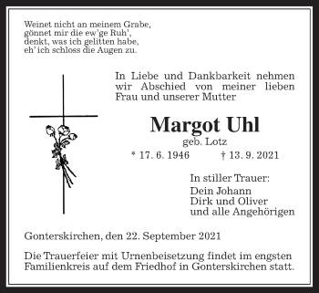 Traueranzeige von Margot Uhl von Laubacher Anzeiger