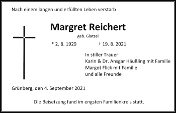 Traueranzeige von Margret Reichert von Giessener Allgemeine, Alsfelder Allgemeine