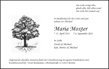 Traueranzeige von Maria Moxter von Wetterauer Zeitung