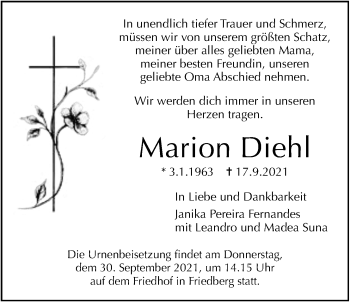 Traueranzeige von Marion Diehl von Wetterauer Zeitung