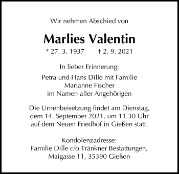 Traueranzeige von Marlies Valentin von Giessener Allgemeine, Alsfelder Allgemeine