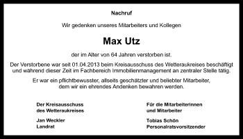 Traueranzeige von Max Utz von Giessener Allgemeine, Alsfelder Allgemeine, Wetterauer Zeitung