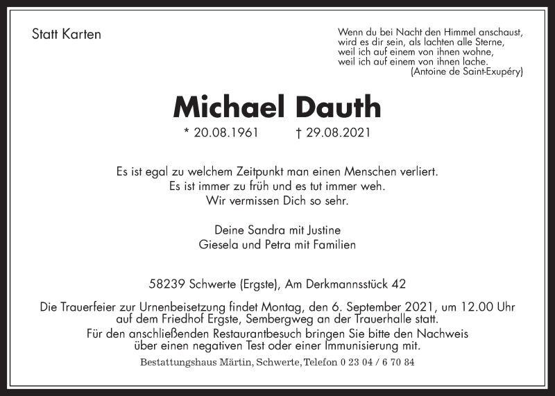  Traueranzeige für Michael Dauth vom 01.09.2021 aus Wetterauer Zeitung