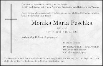 Traueranzeige von Monika Maria Peschka von Giessener Allgemeine, Alsfelder Allgemeine
