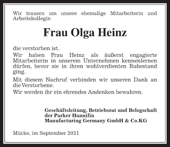 Traueranzeige von Olga Heinz von Alsfelder Allgemeine
