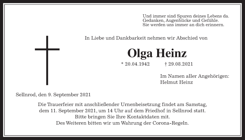  Traueranzeige für Olga Heinz vom 09.09.2021 aus Giessener Allgemeine, Alsfelder Allgemeine