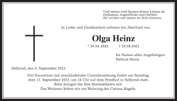 Traueranzeige von Olga Heinz von Giessener Allgemeine, Alsfelder Allgemeine