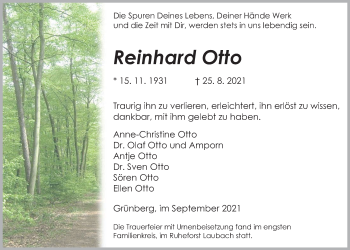 Traueranzeige von Reinhard Otto von Giessener Allgemeine, Alsfelder Allgemeine