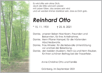 Traueranzeige von Reinhard Otto von Giessener Allgemeine, Alsfelder Allgemeine