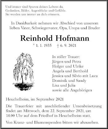 Traueranzeige von Reinhold Hofmann von Giessener Allgemeine, Alsfelder Allgemeine