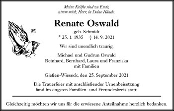 Traueranzeige von Renate Oswald von Giessener Allgemeine, Alsfelder Allgemeine