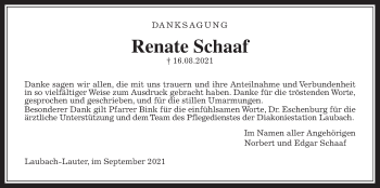 Traueranzeige von Renate Schaaf von Laubacher Anzeiger