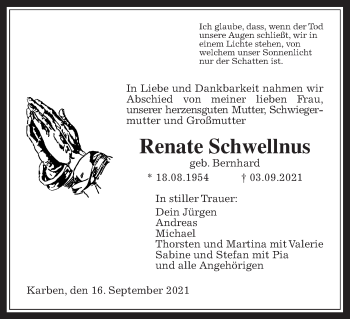 Traueranzeige von Renate Schwellnus von Bad Vilbel/Karben