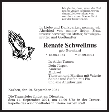 Traueranzeige von Renate Schwellnus von Wetterauer Zeitung