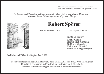 Traueranzeige von Robert Spörer von Wetterauer Zeitung