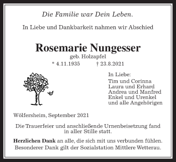 Traueranzeige von Rosemarie Nungesser von Wetterauer Zeitung