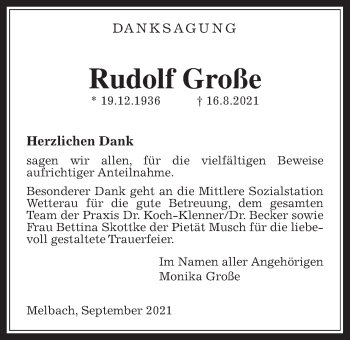 Traueranzeige von Rudolf Große von Wetterauer Zeitung