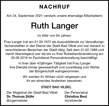 Traueranzeige von Ruth Langer von Bad Vilbel/Karben