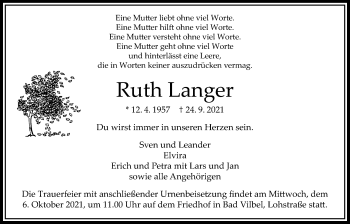 Traueranzeige von Ruth Langer von Bad Vilbel/Karben