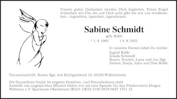 Traueranzeige von Sabine Schmidt von Wetterauer Zeitung