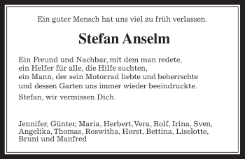 Traueranzeige von Stefan Anselm von Wetterauer Zeitung