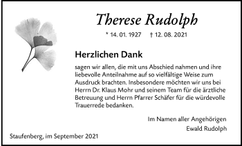 Traueranzeige von Therese Rudolph von Giessener Allgemeine, Alsfelder Allgemeine