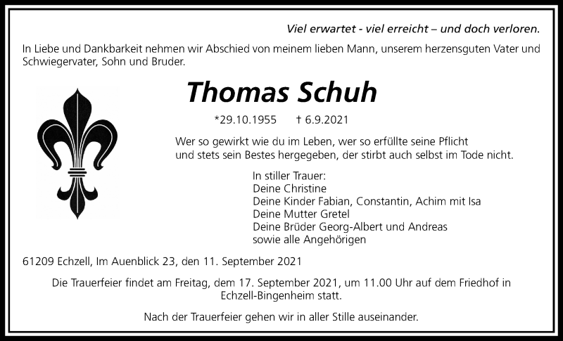  Traueranzeige für Thomas Schuh vom 11.09.2021 aus Wetterauer Zeitung