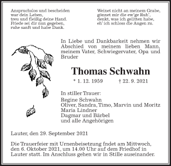 Traueranzeige von Thomas Schwahn von Laubacher Anzeiger