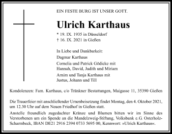 Traueranzeige von Ulrich Karthaus von Giessener Allgemeine, Alsfelder Allgemeine