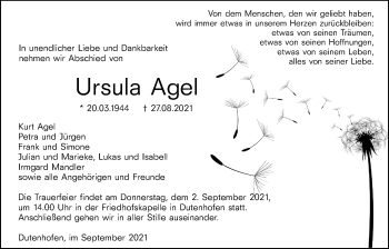 Traueranzeige von Ursula Agel von Giessener Allgemeine, Alsfelder Allgemeine