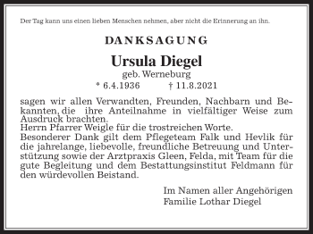 Traueranzeige von Ursula Diegel von Alsfelder Allgemeine