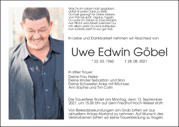 Traueranzeige von Uwe Edwin Göbel von Wetterauer Zeitung