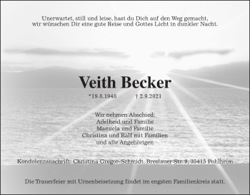 Traueranzeige von Veith Becker von Giessener Allgemeine, Alsfelder Allgemeine