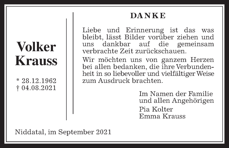  Traueranzeige für Volker Krauss vom 11.09.2021 aus Wetterauer Zeitung