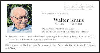 Traueranzeige von Walter Kraus von Giessener Allgemeine, Alsfelder Allgemeine