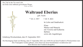 Traueranzeige von Waltraud Eberius von Giessener Allgemeine, Alsfelder Allgemeine
