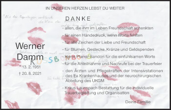 Traueranzeige von Werner Damm von Giessener Allgemeine, Alsfelder Allgemeine
