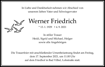 Traueranzeige von Werner Friedrich von Bad Vilbel/Karben