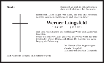 Traueranzeige von Werner Längsfeld von Wetterauer Zeitung