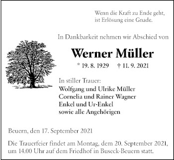 Traueranzeige von Werner Müller von Giessener Allgemeine, Alsfelder Allgemeine