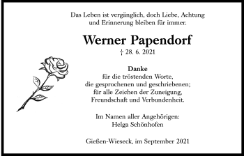 Traueranzeige von Werner Papendorf von Giessener Allgemeine, Alsfelder Allgemeine