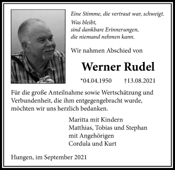 Traueranzeige von Werner Rudel von Licher Wochenblatt