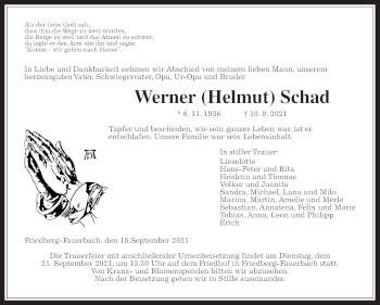 Traueranzeige von Werner Schad von Wetterauer Zeitung