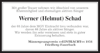 Traueranzeige von Werner Schad von Wetterauer Zeitung