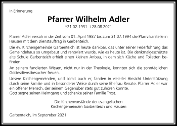 Traueranzeige von Wilhelm Adler von Pohlheimer Nachrichten