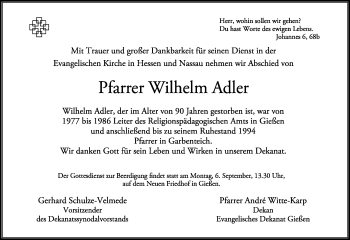 Traueranzeige von Wilhelm Adler von Giessener Allgemeine, Alsfelder Allgemeine