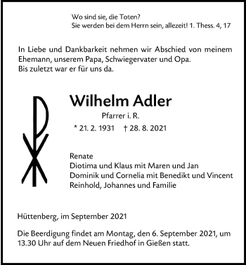 Traueranzeige von Wilhelm Adler von Giessener Allgemeine, Alsfelder Allgemeine